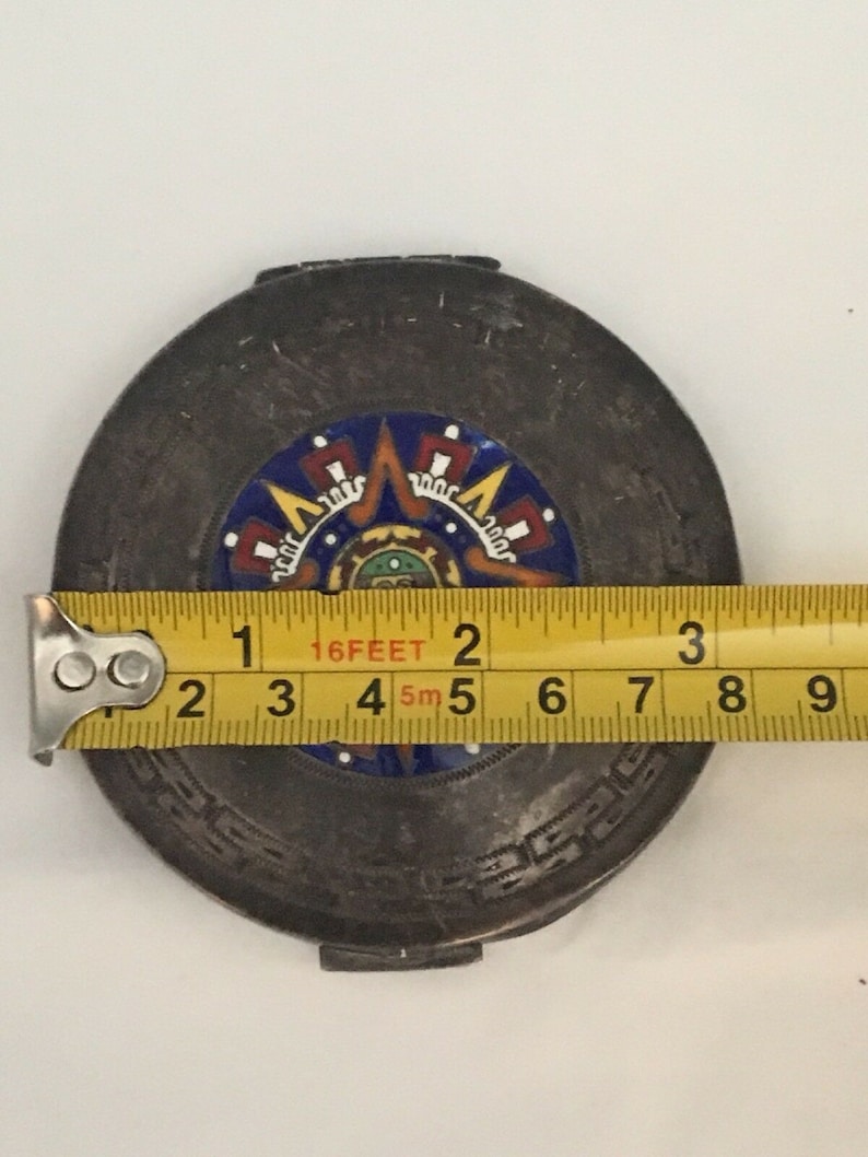 Vintage Mexico Sterling Silver Makeup Powder Compact Aztec Mayan Enamel ...