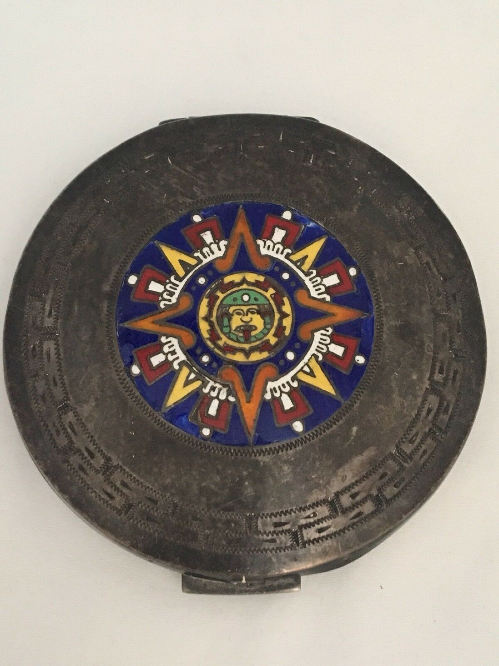 Vintage Mexico Sterling Silver Makeup Powder Compact Aztec Mayan Enamel ...