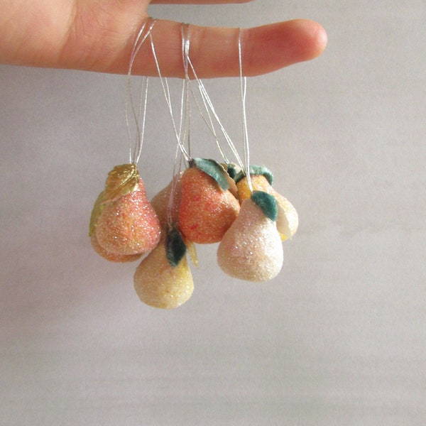 Vintage Old World Sugared Mini Pear Christmas Ornaments With Silk Velvet and Dresden Trim Leaves / Vintage Christmas Tiny Fruit Ornaments