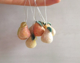 Vintage Old World Sugared Mini Pear Christmas Ornaments With Silk Velvet and Dresden Trim Leaves / Vintage Christmas Tiny Fruit Ornaments