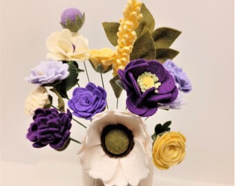 Wool Blend Felt Flower Bouquet: hand made, Purple & Yellow Flowers, gift