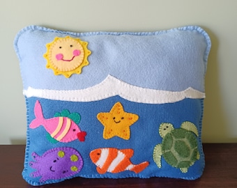 Felt pillow,Fish pillow, kids gift, under water fish, sea turtle, starfish, nursery decor, kids room