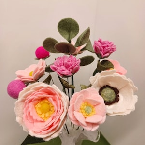 Everlasting flowers,  flower bouquets, Peony, wool blend felt flower, vase flowers, hand made bouquet, Mothers Day flowers, birthday