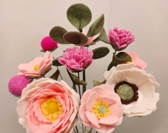 Everlasting flowers,  flower bouquets, Peony, wool blend felt flower, vase flowers, hand made bouquet, Mothers Day flowers, birthday
