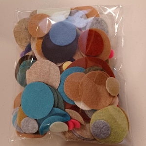 May include: A clear plastic bag filled with assorted felt circles in various colors. The circles range in size and include shades of brown, blue, green, and red. The felt circles are a craft supply.