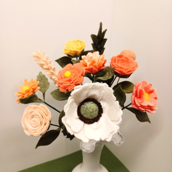 Felt flower bouquet, wool blend felt flowers, #14, vase flowers, everlasting bouquet, shades of peach, flowers and leaves