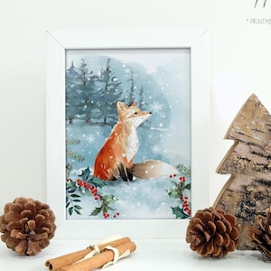 Fox Winter Scene Watercolor Print: Woodland Holiday Decor (Digital Download)