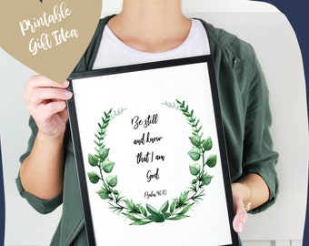 Stampa artistica da parete con versi della Bibbia / Ghirlanda verde Salmi 46-10 / Stampa artistica da parete cristiana moderna / Idea regalo per inaugurazione della casa / Parete della galleria