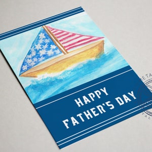 Happy Father's Day Karte zum Ausdrucken | Original Aquarell Amerikanische Flagge Segelboot |