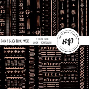 Oro rosa e nero Tribal Mud cloth Pattern Digital Paper Pack / Download digitale istantaneo / Carta scrapbooking / Boho
