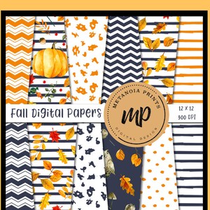Fall Digital Paper Autumn Leaves Thanksgiving  Scrapbooking Paper Seamless Patterns Instant Digital Download  Pumpkin Digital Background