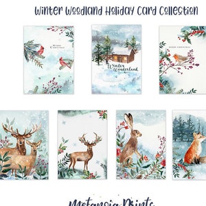 Ensemble de cartes de Noël imprimables | Aquarelle Scène d’hiver Cartes de Noël | Cartes téléchargeables instantanément | Animaux des bois