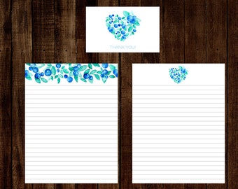 Printable Letter Writing Paper and Card Set | Watercolor Blueberry Heart Thank You Digital Stationery Paper | Instant  Download