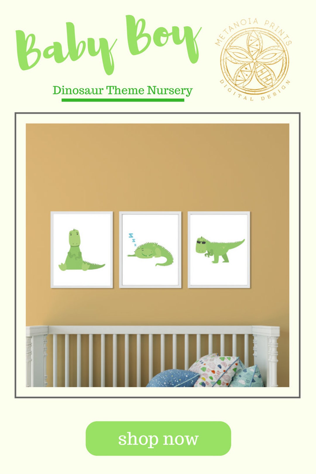 Dinosaur Decor Nursery Wall Art Digital Download Printable Art Set of 3