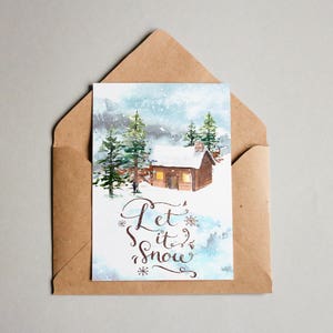 Tarjeta de cabaña de troncos invernal en acuarela: Que nieve (Descarga digital)