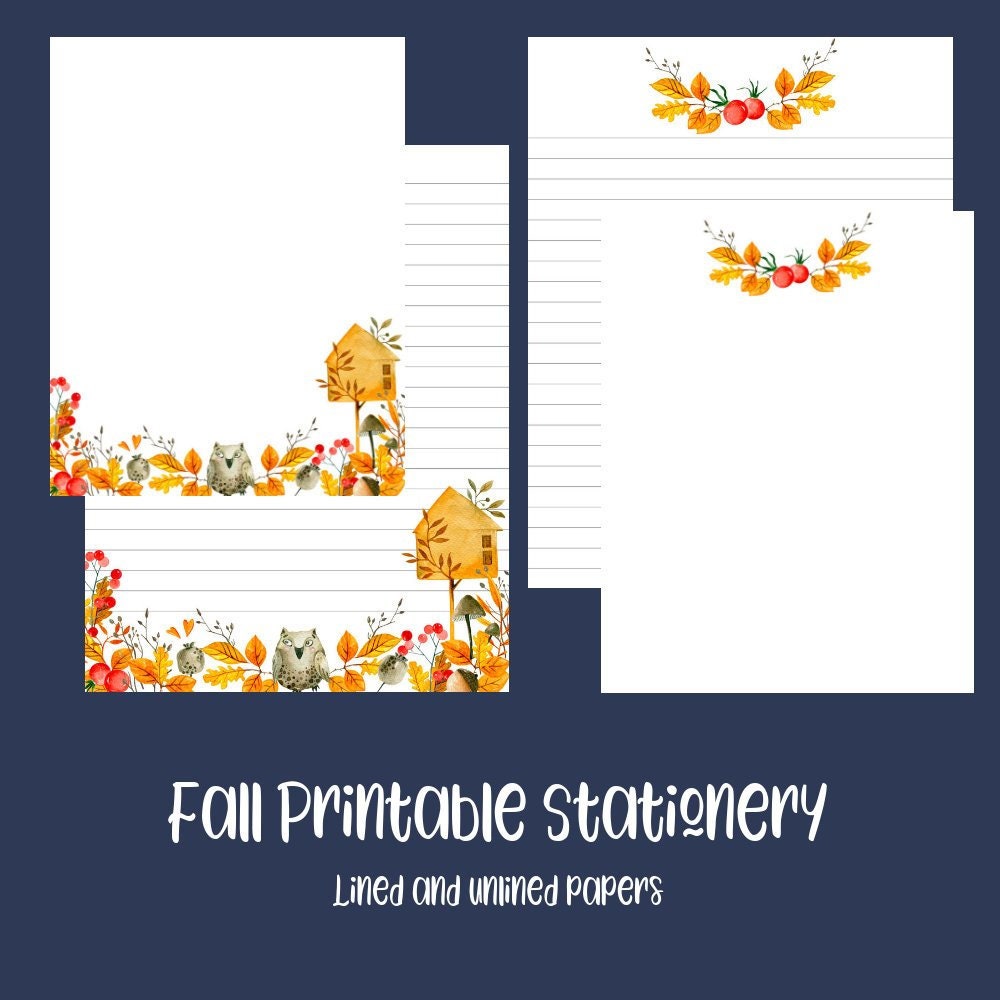 Fall Leaves Printable Stationery | Instant Digital Download Lined Letter Writing Paper Stationery Set | Watercolor Owl Autumn Leaves