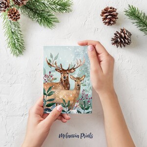 SALE Watercolor Deer Holiday Card | Digital Download | Woodland Winter Scene | Instant Download | Printable Greeting Card