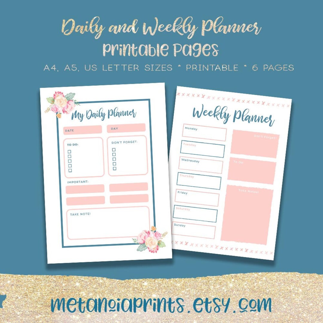 Floral Daily Weekly Planner Printable: US Letter, A4, A5 (digital ...