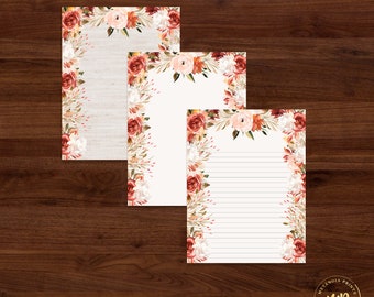 Watercolor Autumn Floral Stationery | Printable Papers Set of 3 | Instant Digital Download | Fall Letter Writing Paper