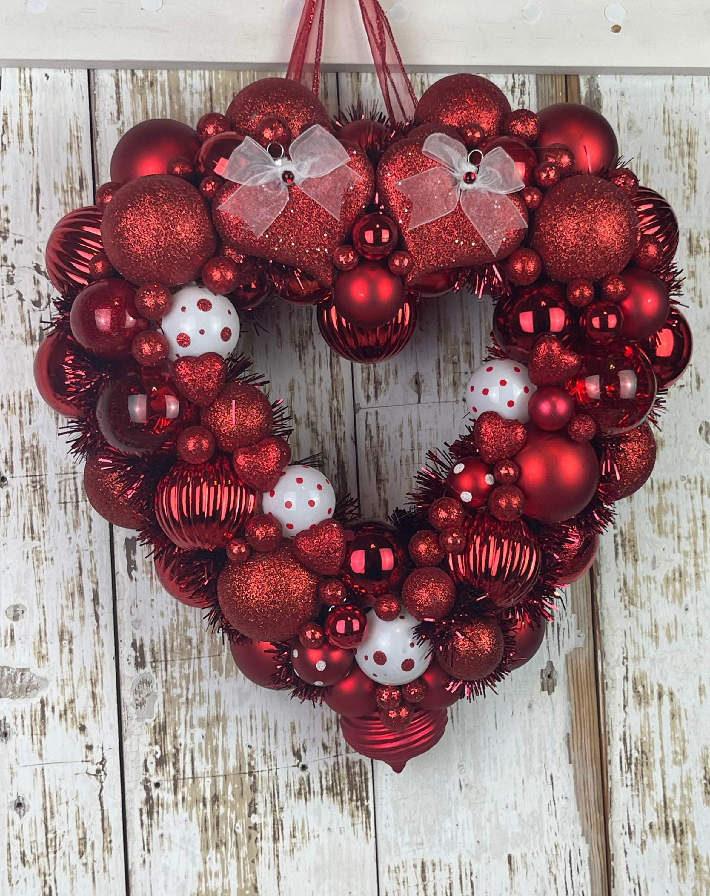 Heart Shaped Wreath. Fused Glass Ornament, Suncatcher. Red & Light