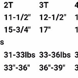 May include: Size chart for children's clothing, showing bust/chest, front length, weight, and height measurements in inches and pounds for sizes 2T, 3T, 4T, and 5T.