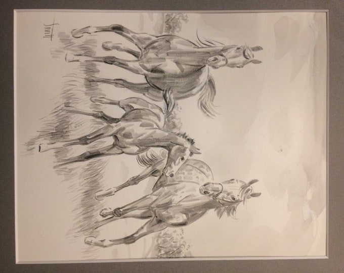 Sam Savitt Ink Drawing of Wild Horses and Colts on Suede, Hanging