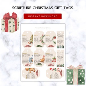 Pode incluir: Etiquetas de presente de Natal imprimíveis com um design de aquarela com uma árvore de Natal, um homem de gengibre, um globo de neve e uma meia. As etiquetas incluem os versículos bíblicos Isaías 7:14 e Isaías 9:6-7. O texto "Feliz Natal!" está impresso em cada etiqueta.