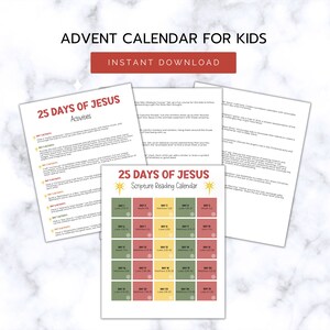 Op de afbeelding: Printbare adventskalender voor kinderen met 25 dagen aan activiteiten en Bijbelteksten. De kalender heeft een rood, groen en geel kleurenschema met een sterontwerp. De tekst "25 dagen met Jezus" is gedrukt in een vet, zwart lettertype.