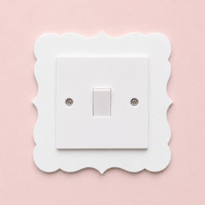 May include: A white light switch with a rectangular plate and a decorative, scalloped frame. The switch is centered on a pale pink background. Two small screws secure the plate to the wall.