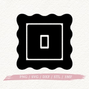 May include: A black and white graphic design featuring a square within a square, with a smaller rectangle in the center. The outer square has a wavy border. The text "PNG / SVG / DXF / STL / 3MF" is at the bottom.