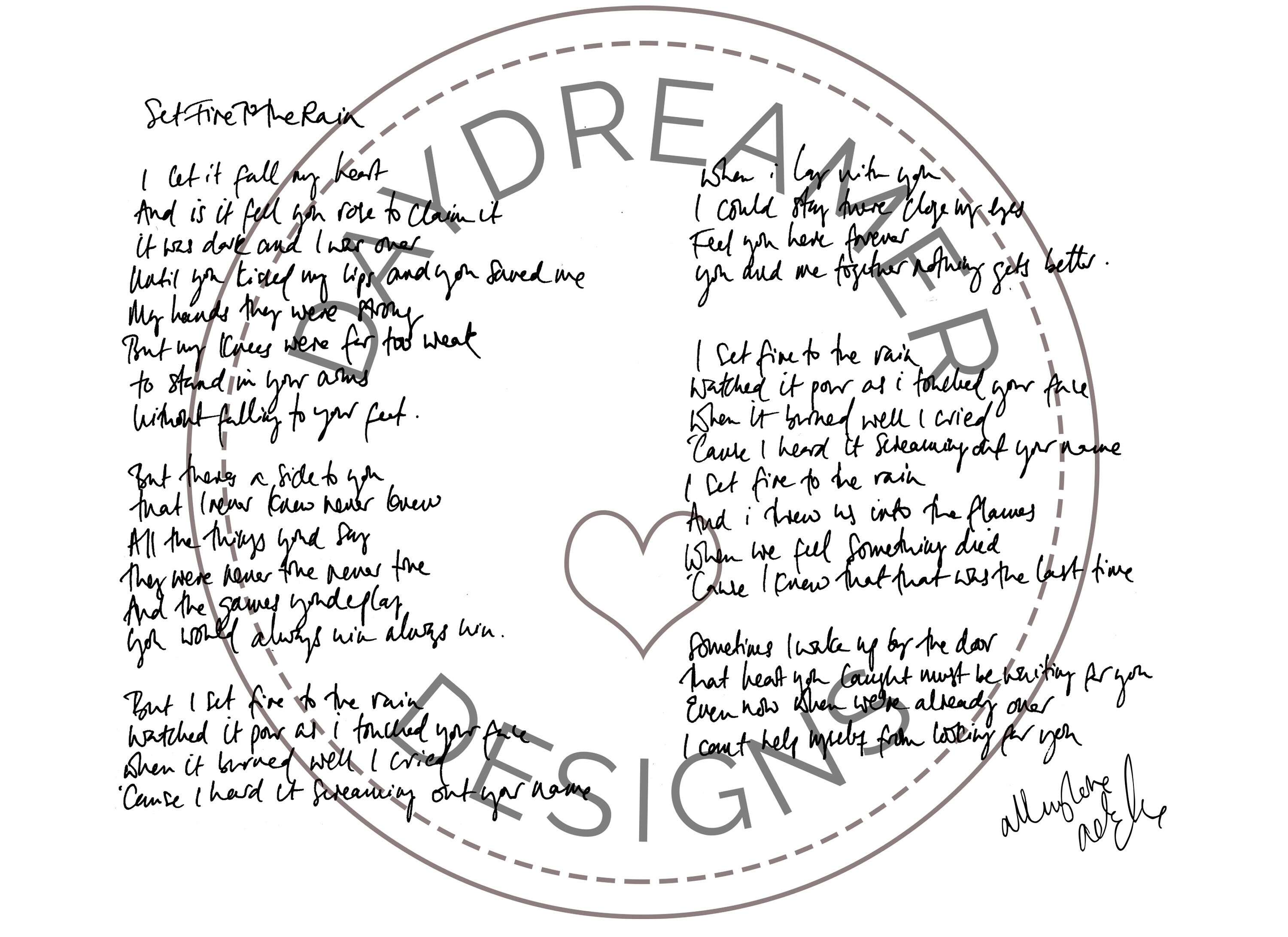Set Fire To The Rain Handwritten Lyrics By Adele Etsy