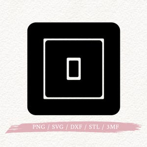 May include: A black square with rounded corners, containing a white square and a smaller white rectangle inside. The image includes the text "PNG / SVG / DXF / STL / 3MF" in a pink banner at the bottom.