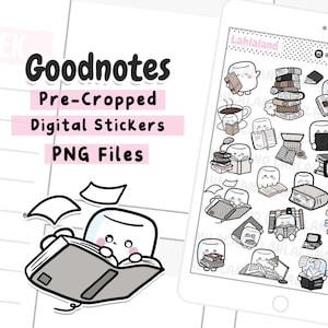 Op de afbeelding: Een set digitale stickers met schattige cartoon-tandfiguren die boeken lezen. De stickers zijn voorgeknipt en zijn in PNG-formaat. De tekst "Goodnotes Pre-Cropped Digital Stickers PNG Files" staat bovenaan de afbeelding. De tekst "Lahlaland Reading" staat rechtsboven in de afbeelding.