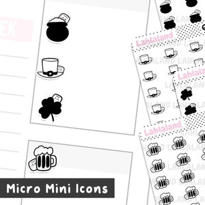 May include: Sheets of black and white micro mini icons featuring St. Patrick's Day symbols. The icons include a pot of gold, a leprechaun hat, a four-leaf clover, and a pint of beer. The text "Micro Mini Icons" is at the bottom.