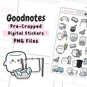 May include: A set of 30 digital stickers featuring a cute marshmallow character in various cleaning-themed poses. The stickers are pre-cropped and in PNG format. The text "Goodnotes Pre-Cropped Digital Stickers PNG Files" is displayed at the top of the image.