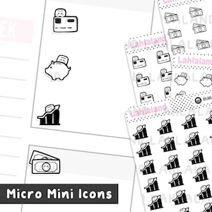 以下が含まれることがあります： プランナーやジャーナル用の白黒のマイクロミニアイコン。アイコンには、クレジットカード、貯金箱、お金、チャートが含まれています。アイコンは、黒のドット模様の白い背景にあります。