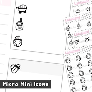 May include: A sheet of black and white baby-themed stickers with icons of a baby carriage, a baby monitor, a diaper, and a baby bottle. The stickers are arranged in rows and columns on a white background. The text "Lahlaland" appears at the top of the sheet.