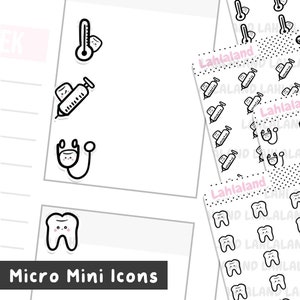 May include: Black and white micro mini icons featuring medical and dental themes. The icons include a thermometer, syringe, stethoscope, and tooth. The text "Micro Mini Icons" is visible.
