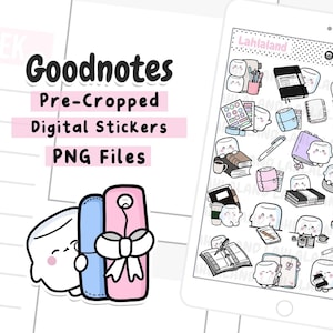 May include: A digital sticker pack for Goodnotes featuring pre-cropped PNG files of cute marshmallow characters with various school and office supplies, including notebooks, pens, pencils, and a coffee cup. The text "Goodnotes Pre-Cropped Digital Stickers PNG Files" is displayed at the top of the image.