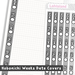 Puede incluir: Un conjunto de ocho pegatinas de planificador imprimibles grises y blancas con los días de la semana etiquetados. Las pegatinas están diseñadas para usar con el planificador Hobonichi Weeks.