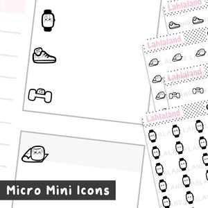 May include: Black and white micro mini icons of a watch, running shoe, dumbbell, and a marshmallow. The icons are repeated multiple times on a white background with a pink and black pattern.