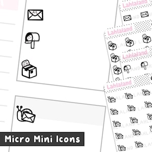 May include: Black and white micro mini icons of a snail carrying a letter, a mailbox, a box, and an envelope. The icons are repeated in a pattern on a white background with black polka dots.