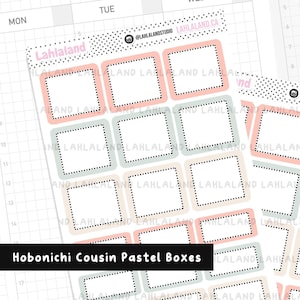 May include: A set of 10 pastel-colored square boxes with dotted borders. The boxes are in shades of pink, green, and blue. The boxes are designed for use in a Hobonichi Cousin planner.