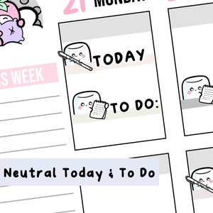 May include: A set of four printable planner stickers featuring a cute marshmallow character. The stickers say "TODAY" and "TO DO:" in black text. The stickers are designed for use in a planner or bullet journal.