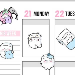 May include: A planner page featuring cartoon illustrations of marshmallow-like characters with different expressions. The characters are holding pillows, wearing headbands, and wearing ice packs. The days of the week are labelled with pink numbers.
