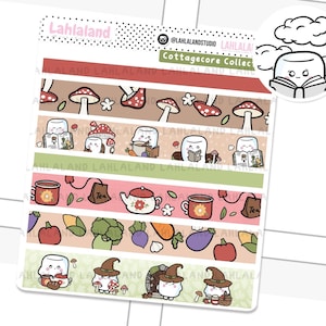 May include: A set of six washi tape designs featuring a cottagecore theme. The designs include mushrooms, teacups, pumpkins, and a marshmallow character wearing a witch hat. The text "Cottagecore Collection" is included in the image.