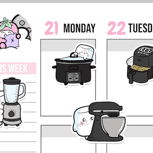 May include: A set of stickers featuring cute marshmallow characters using kitchen appliances. The stickers include a slow cooker, a blender, an air fryer, and a stand mixer.