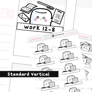 May include: A sheet of planner stickers featuring a marshmallow character with a work theme. The stickers include the text "work 12-8", books, pens, and a laptop. The stickers are labeled "Standard Vertical".
