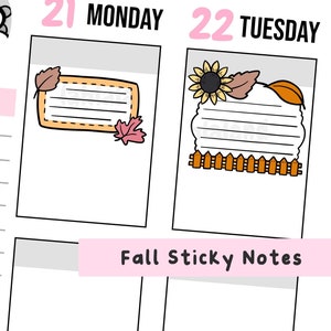 Könnte beinhalten: Herbstliche Haftnotizen mit verschiedenen Designs. Enthält einen rosa Umschlag, einen Notizblock und zwei Tagesplanerseiten mit Herbstblättern, einer Sonnenblume und einem kleinen Zaun. Der Text "Fall Sticky Notes" ist ebenfalls vorhanden.