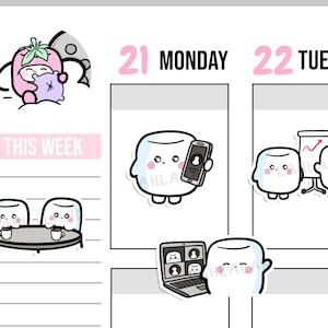 Könnte beinhalten: Ein Wochenplaner mit einem niedlichen Marshmallow-Charakter-Thema. Der Planer hat einen Bereich für "Diese Woche" und tägliche Bereiche für Montag und Dienstag. Der Montag-Bereich zeigt einen Marshmallow-Charakter am Telefon, während der Dienstag-Bereich zwei Marshmallow-Charaktere zeigt, die eine Präsentation halten.